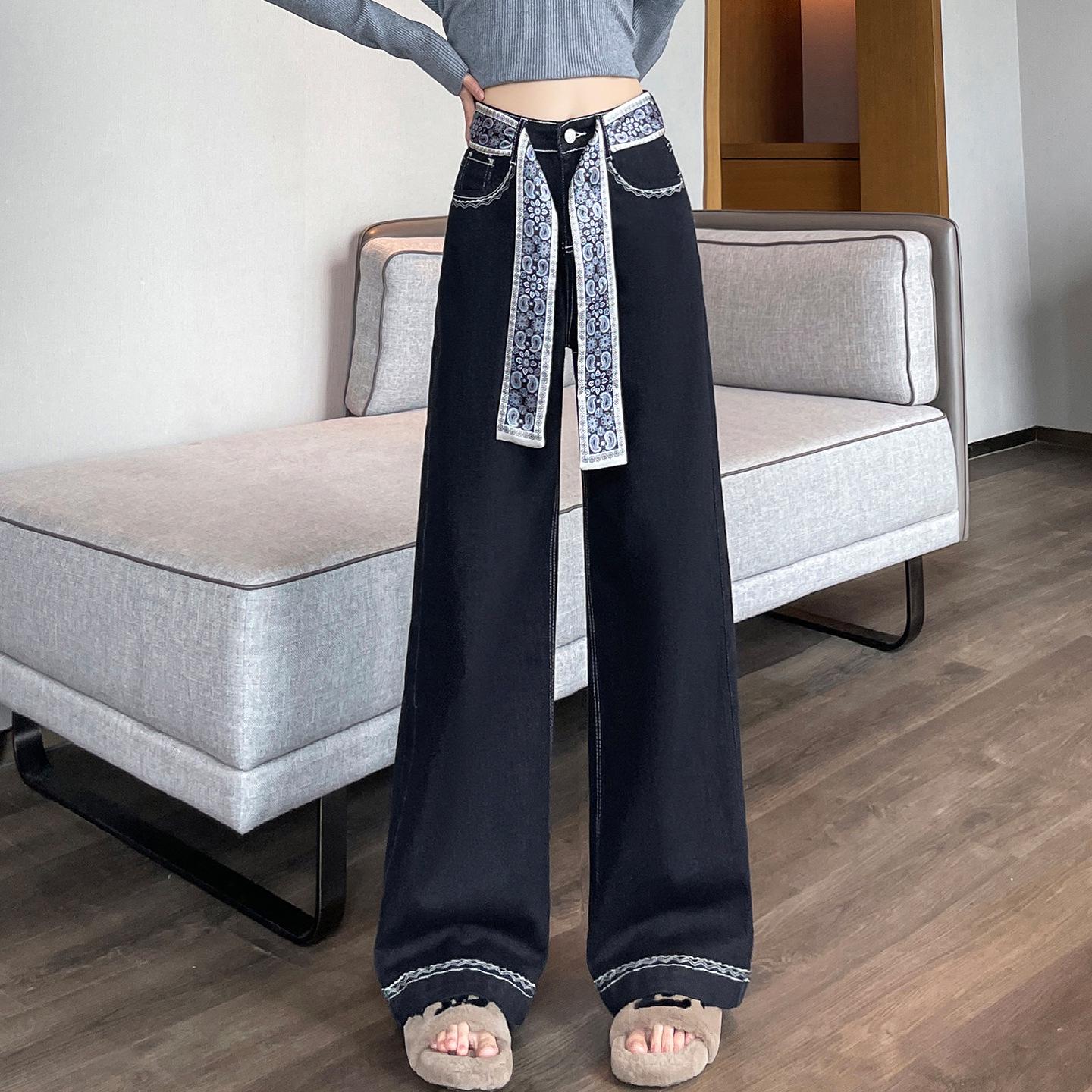 

Women s Wide-Leg Jeans with Embroidered Belt, High-Waist, Floor-Length, Slimming, New Chinese Style, Autumn/Winter National Trend. Extra Small