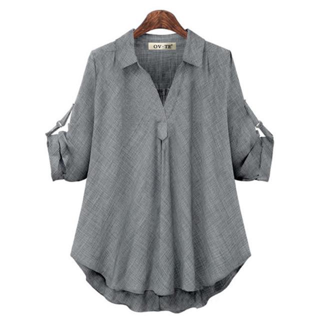 Dam Vår och Höst Ny Tvåfärgad Tygskjorta Stor Storlek Lös Smickrande Mellanlång Mångsidig Topp