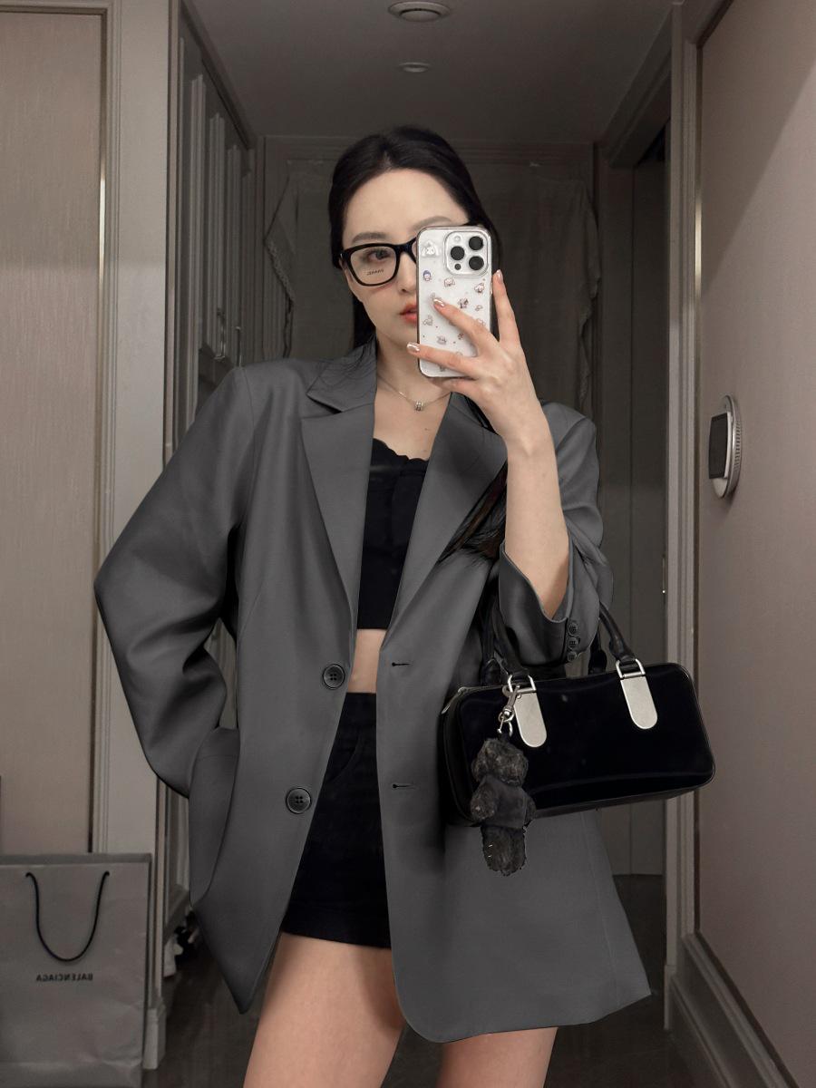 Корейский oversized черный пиджак для женщин - Повседневный весенний уличный стиль XL серый
