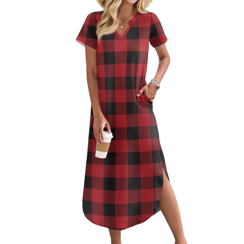 Women's Casual Comfortable V Neck Loose Hem Split Vacation Short Sleeve Plaid Long Dresses