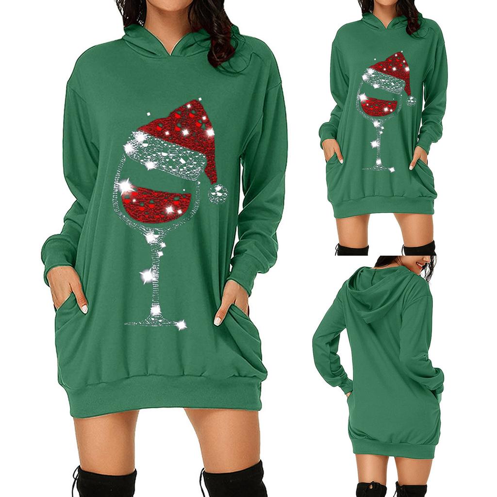 Women's Fashion Christmas Hoodie Bag Hip Pocket Print Hoodie Fashion Dress