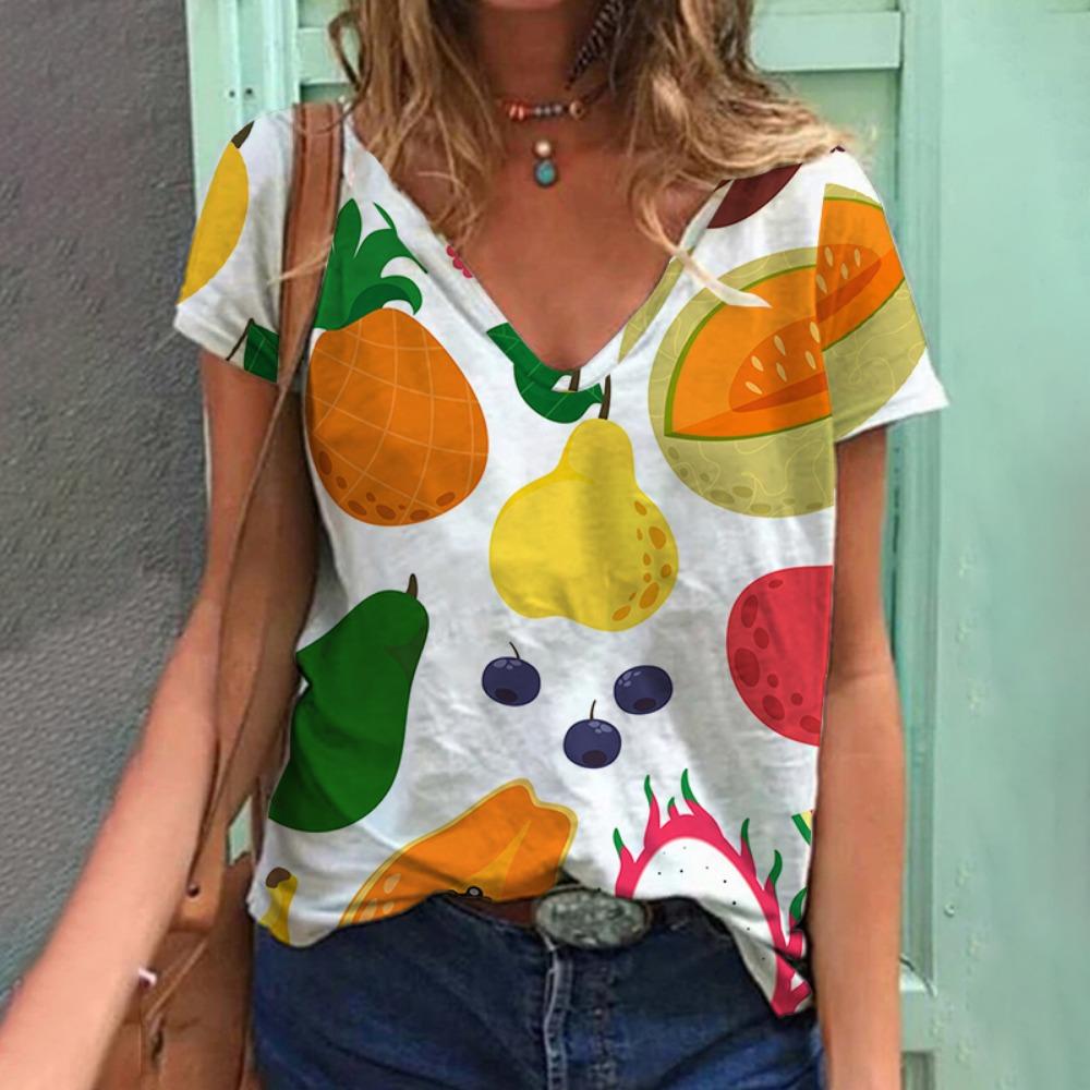 Tropical Plant Fruit 3D Printing T-shirt Summer Women's V-neck T-shirt Street Women's Clothing