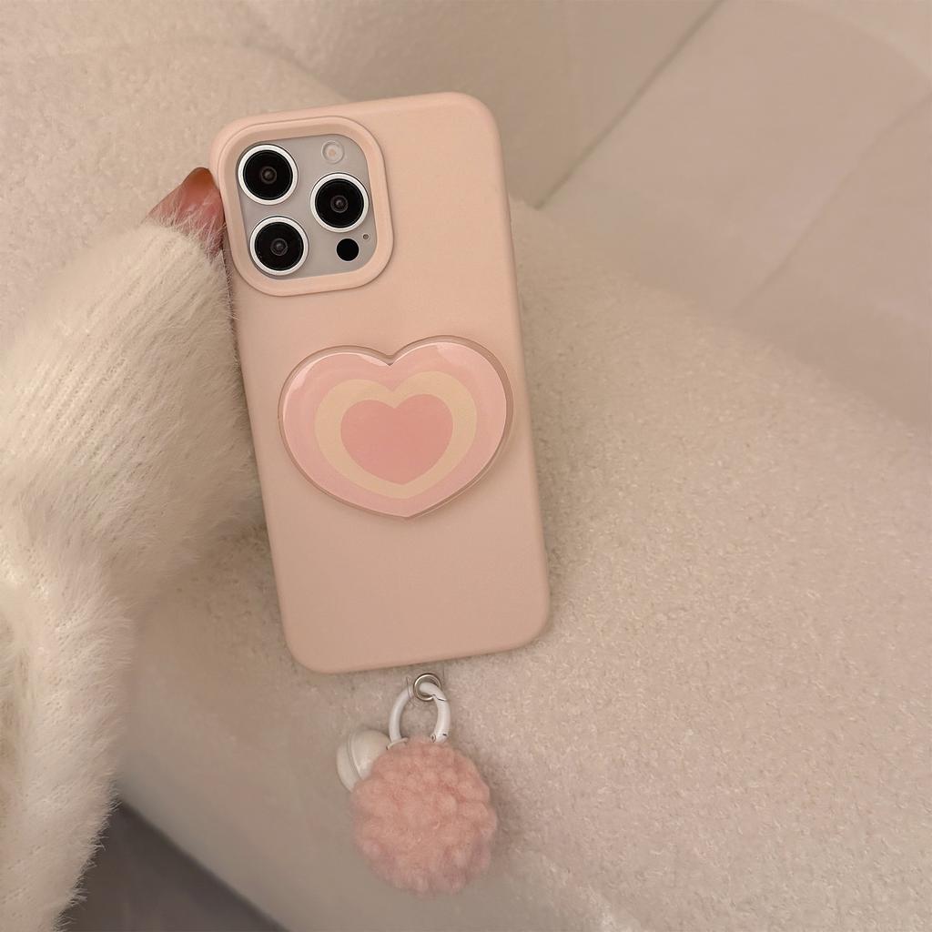 Pink heart-shaped stand fur ball bell phone case suitable for 11/12/13/14/15/16