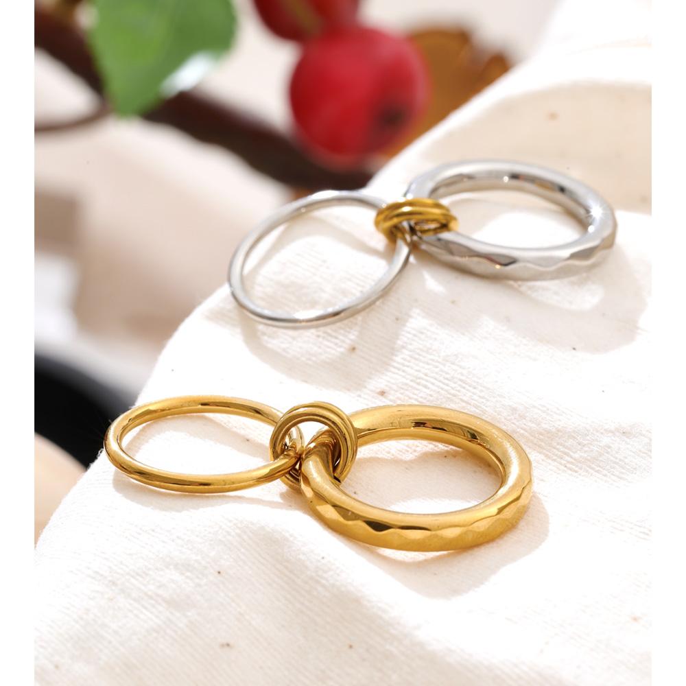 Yhpup Size 678910 Stainless Steel Double Circle Finger Ring Wholesale High Quality Metal PVD Plated Casual Fashion Jewelry Gift