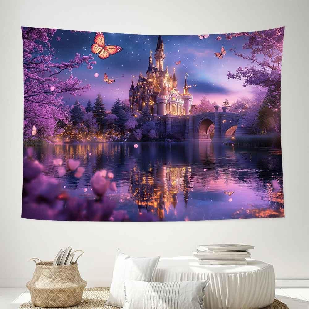 VIKAMA Traumschloss Wandteppich Rosa Kirschblüte Wandbehang für Kinderzimmer Wohnzimmer und Schlafsäle