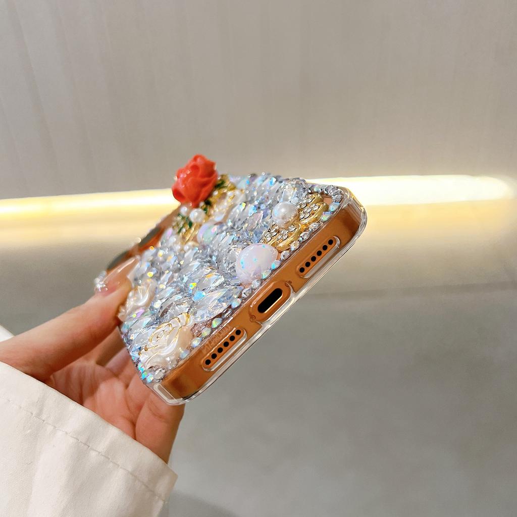 Luxury 3D Bling Rhinestone Floral Phone Case For iPhone 17 16 15 14 13 12 11 Pro Max Air mini 16e 8 7 Plus X XS XR, Crystal Diamond Rose Glitter Cover