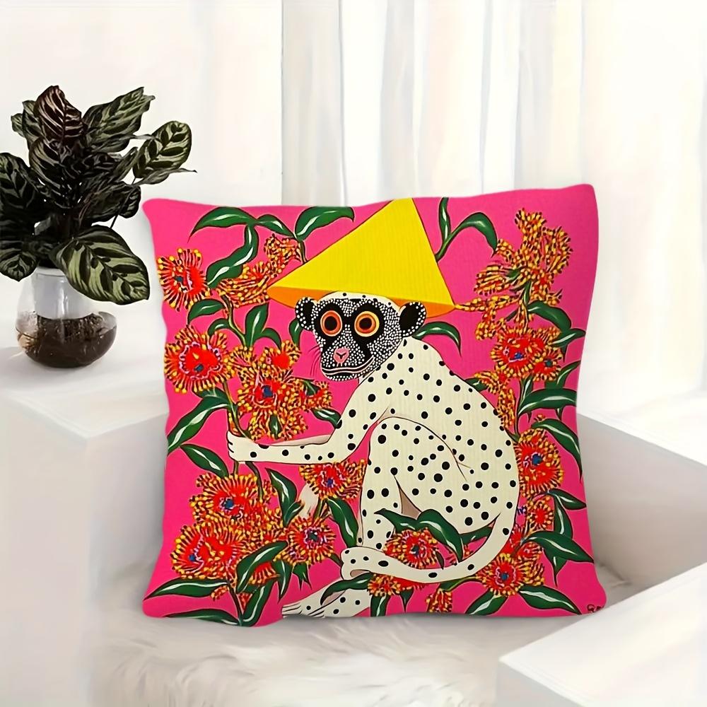 2D flat- Vibrant Polka Dot Monkey Throw Pillow Cover Bohemian Floral Jungle Decorative Cushion Case for Sofa Bedroom Living Room
