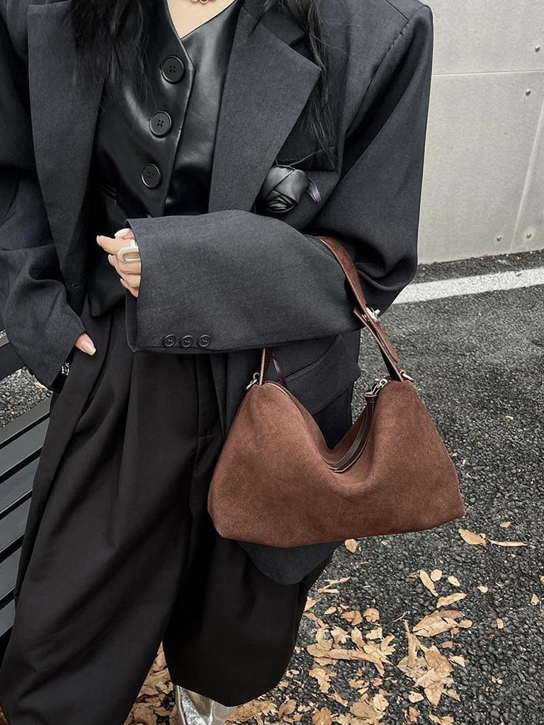 New 2026 velvet bread women's retro frosted cowhide split leather armpit shoulder bag women's handbag fashion crossbody bag