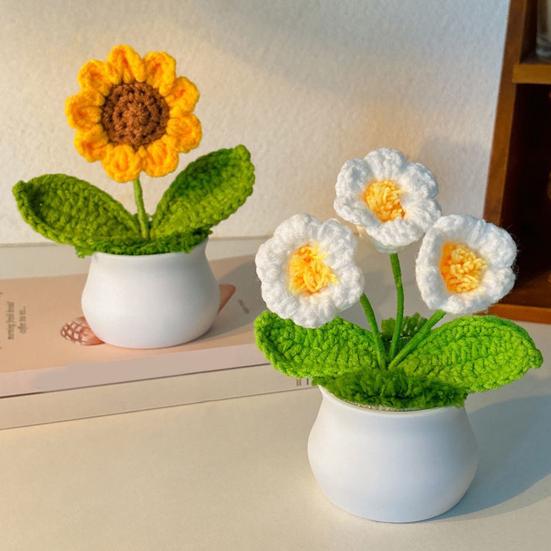 Håndheklet Blomster Håndlaget Liljekonvall Plante Ferdig Heklet Potte Solsikke Kunstig Forglemmegei Blomst for Hjem Skrivebordsdekorasjon