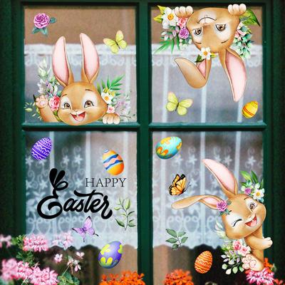 2025 Happy Easter Rabbit Window Stickers Cute Bunny Easter Eggs Flowers Glass Sticker Spring Easter Party Home Decor Wall Decal