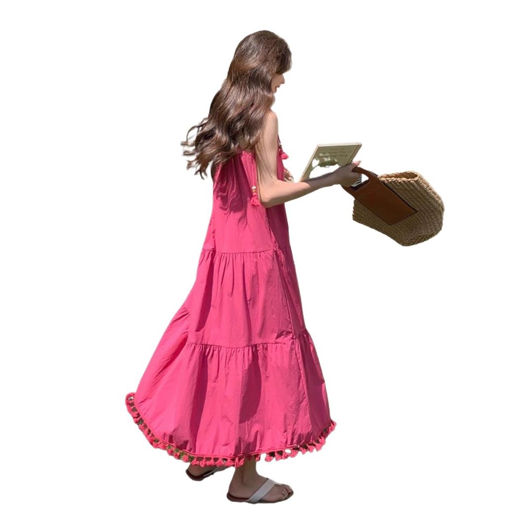 Summer 2026 new women's clothing vacation dragon fruit color fringed strap dress temperament pendulum long skirt
