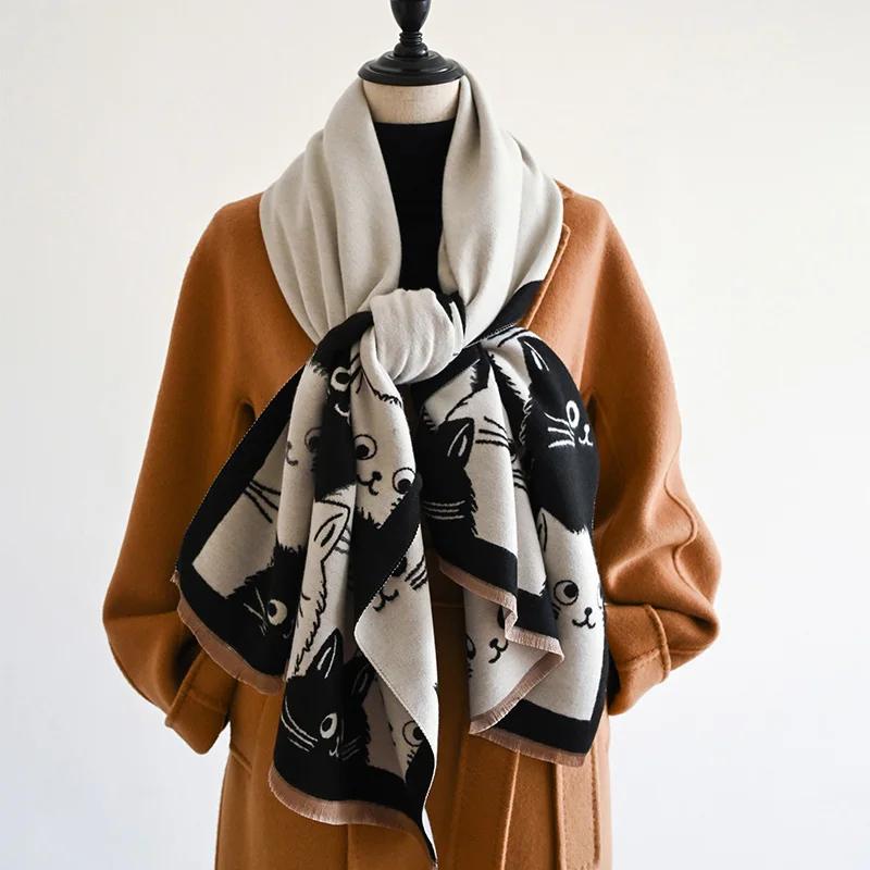 New Fashion Brand Cute Cat Ladies' Jacquard Pashmina Cashmere Scarf Winter Thick Warmth Shawl Coldproof Windproof Blanket Scarf