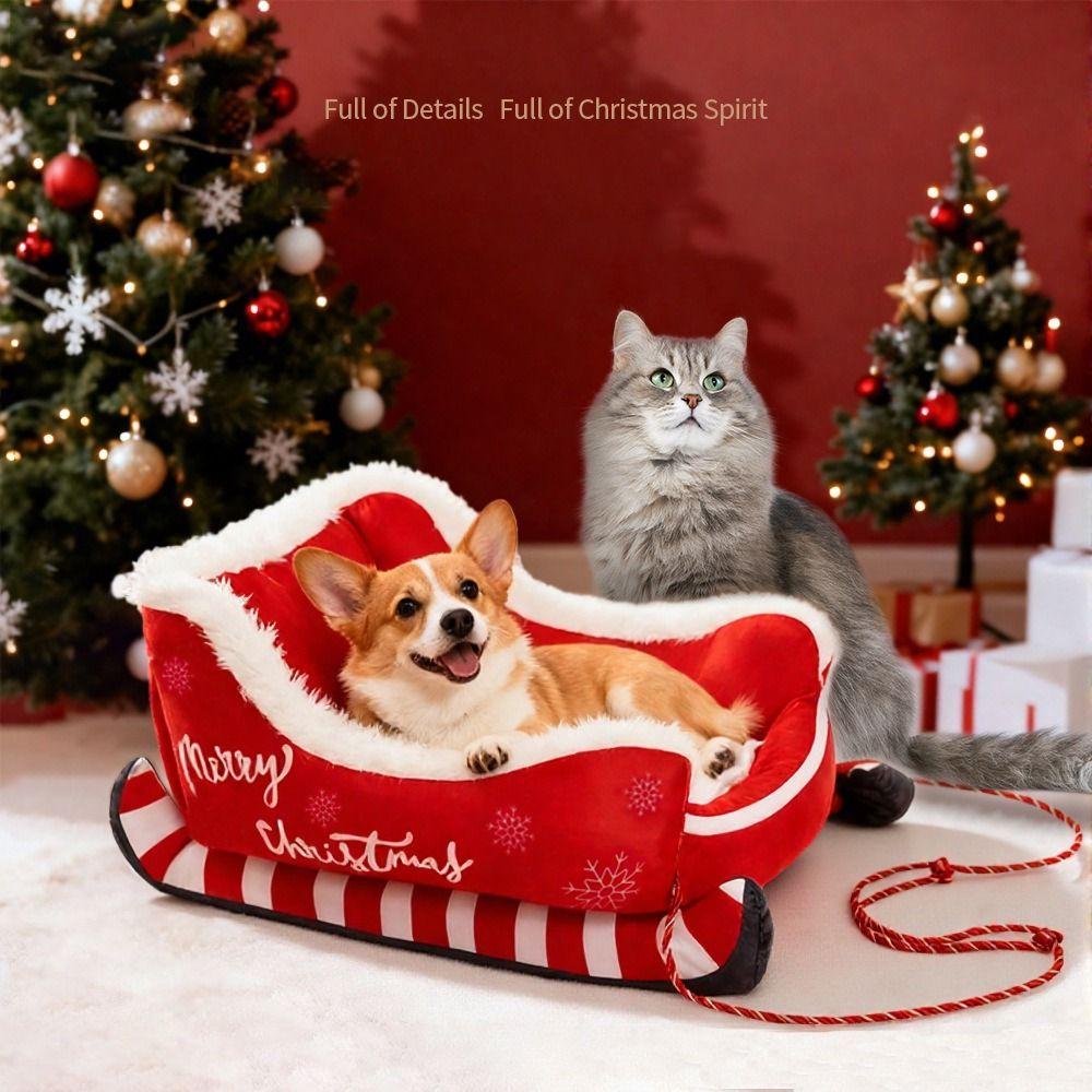 Gemütliches Weihnachtsschlitten Haustierbett Rutschfester Boden Waschbares Katzen Hund Nest Abnehmbare Flauschige Hundehütte Innen Außen