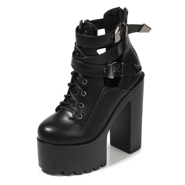 Women Platform Ankle Boots Lace Up Square High Heels Ladies Short Boots Shoes Autumn Winter Female Casual Black Footwear