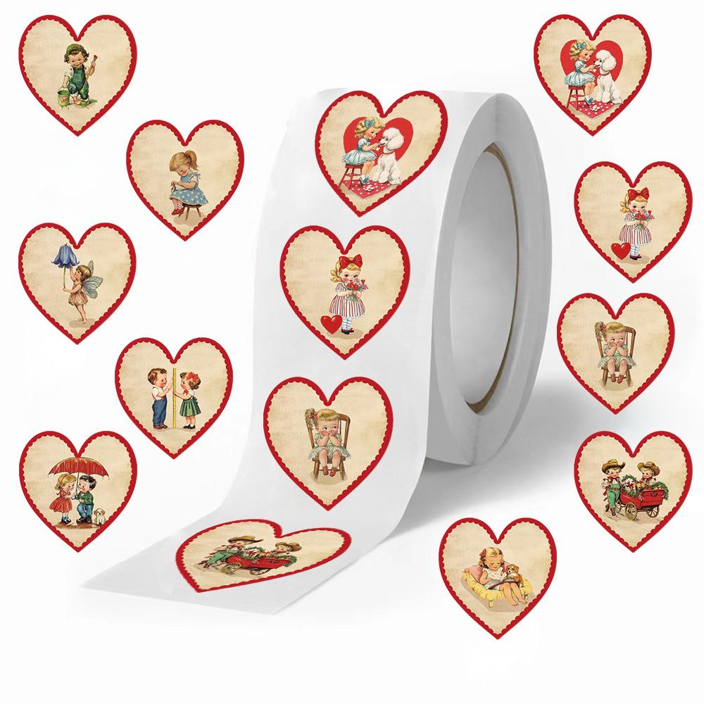 500 Pieces/roll Sticker Roll Sticker Cartoon Retro Love Creative Handbook Material Self-adhesive Seal Sticker