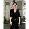 American-Style Spicy Girl Black V-Neck Mid-Sleeve T-Shirt for Women, Spring Slim-Fit Design Top, Sexy Style Blouse