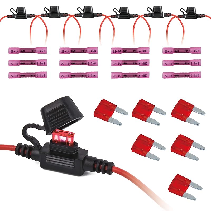 VANSIHO 18AWG Inline Fuse Holder Kits-6 Pack 18 Guage Awg With 6Pcs 3A Blade Mini Fuse/12Pcs 3:1 Heat Shrink Butt Connectors