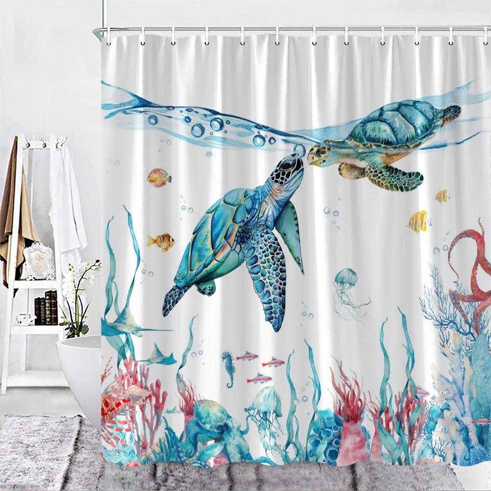 Sea Turtle Theme Shower Curtain Set Wooden Board Coral Water Plants Bubble Sea Life Bathroom Curtain Fabric Decor Washable Hooks