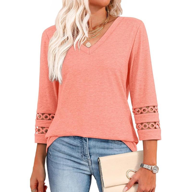 BITCED Women's Fashion Casual Solid Color Print Long Sleeve V-Neck Blouses & Shirts
