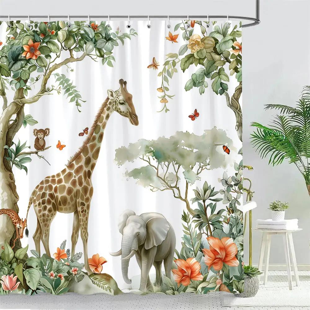 Funny Forest Animals Shower Curtain Elephant Giraffe Monkey Parrot Watercolour Art Creative Printed Bath Curtains Bathroom Decor