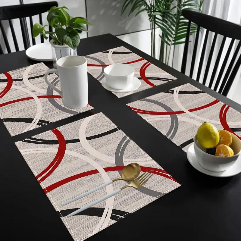 4-Pack Linen Placemats, 12x18 Inch, Machine Washable, Abstract Geometric Red & Gray Line Design for Home Kitchen, Party & Room Decor