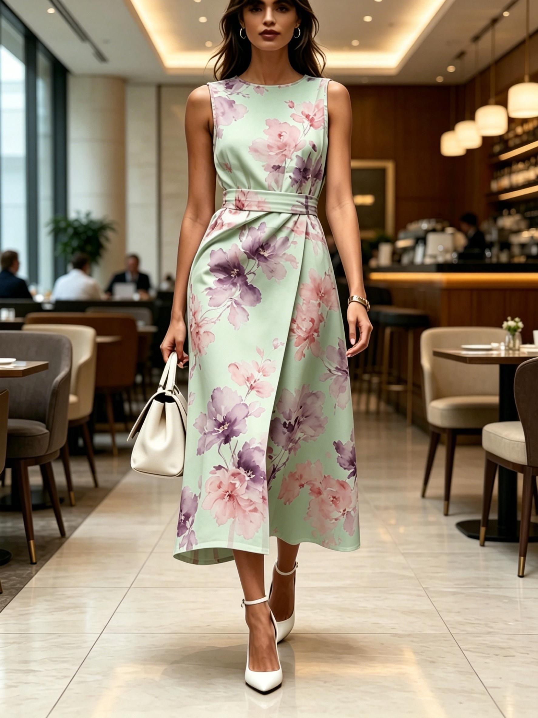 

Round neck sleeveless midi dress with watercolor floral print on mint green fabric modern elegant casual fashionable womens clothing for spring summer XXS