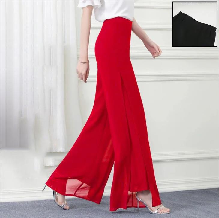 Calças de verão de chiffon, cintura alta, saia de gaze solta, shuai ku, calças casuais retas, com fenda, calças de perna larga femininas