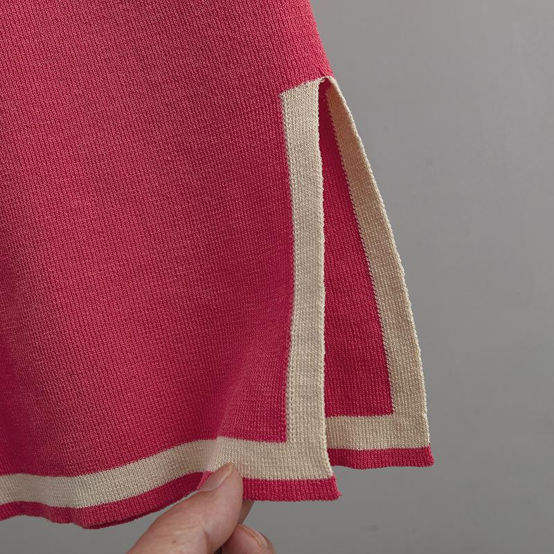 HNXC Fashion Set A Stylish Contrasting Color Split Short-sleeved Knitted Sweater+ High-waisted, Slimming Wide-leg Pants and Long Pants Two-piece Set