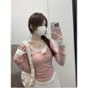 Spring Pink Girly T-shirt Women's Lace Button-up Top Fake Two-piece Waist Pleated Bottoming Shirt