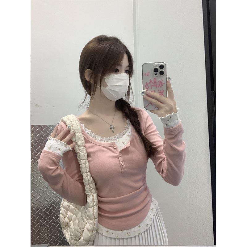 Spring Pink Girly T-shirt Women's Lace Button-up Top Fake Two-piece Waist Pleated Bottoming Shirt