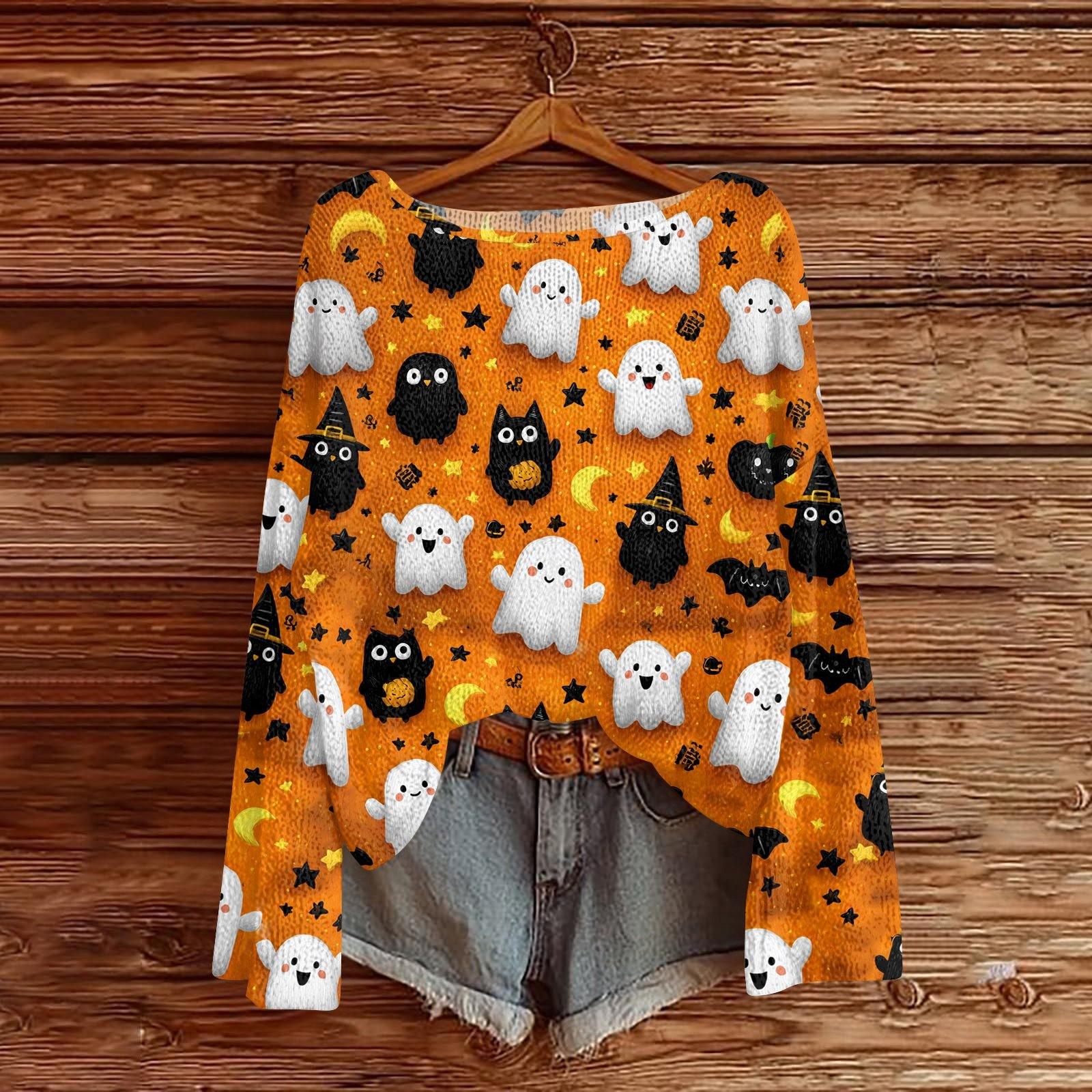 

Halloween Sweatshirts For Women Knit Sweater Cute Shirt Fall Crewneck Pullover Tops XL шафрановий