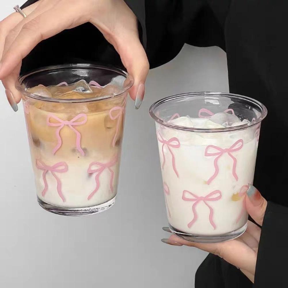 Drinkware Glass Cup Pink Bow Transparent Mug New Drinking Cup  Dessert