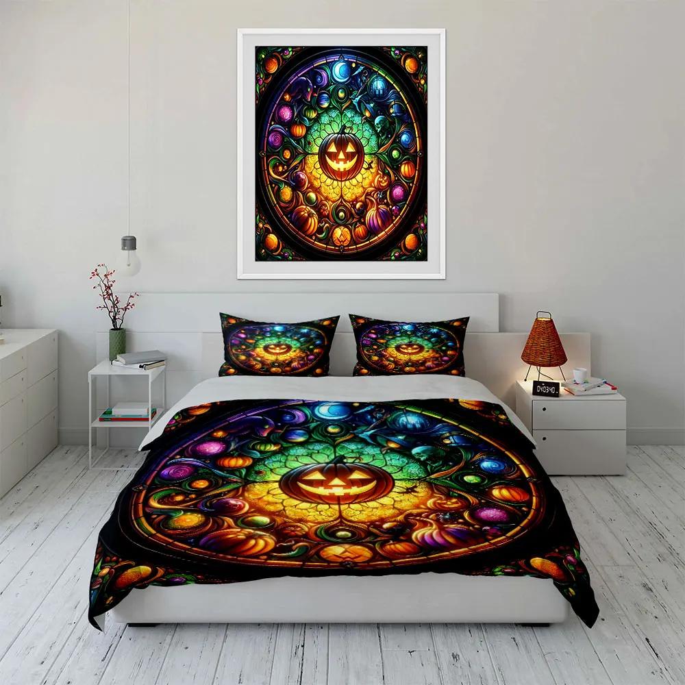 Halloween Decoration Set Pumpkin Artwork Bedding Set with 1 Duvet Cover 2 Pillowcases Single Double King Queen Gift