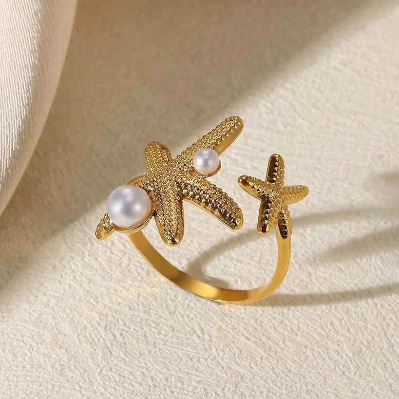 Summer Beach Starfish Rings For Women Gold Pearl Starfish Ring Stainless Steel Jewelry Vacation Party Accessories