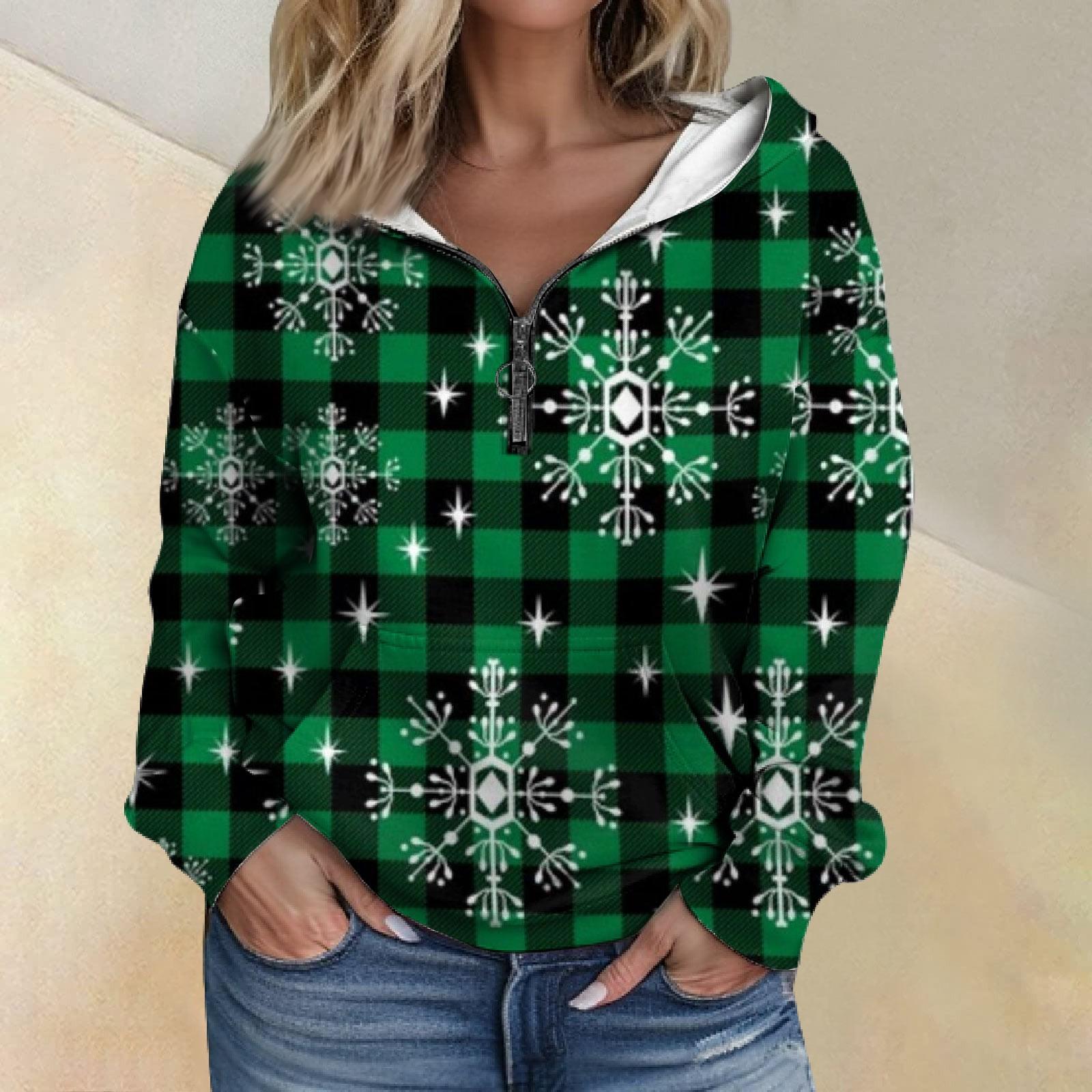 

Женская мода рождественский принт длинный рукав свободный полумолния капюшон свитер с карманами XXXL