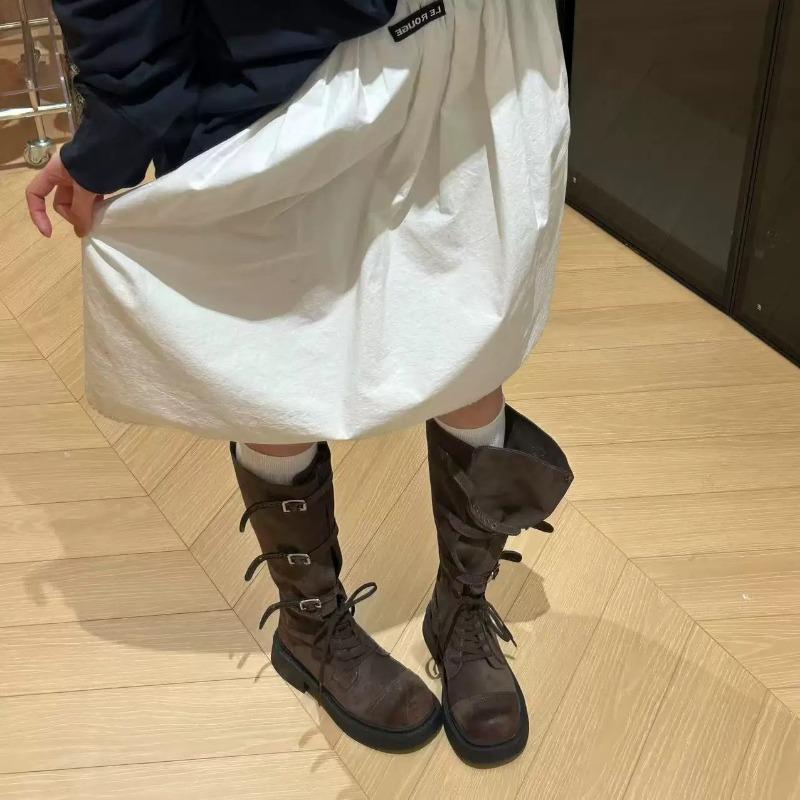 ~ Retro Style All Soft Cowhide Lace-up High Boots Medium Heel Boots Women's Loose Leather Buckle Women's Boots Tide