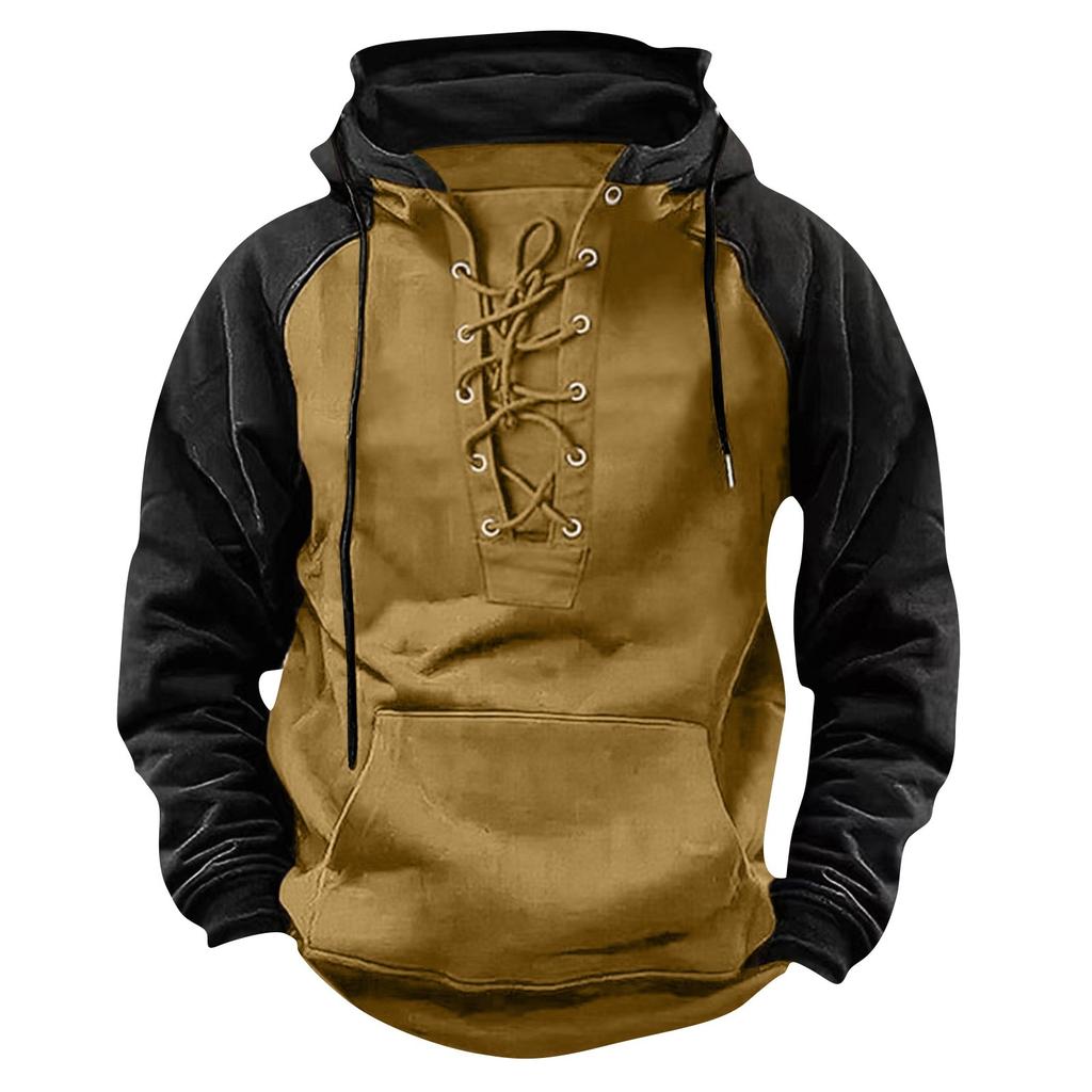 Men's Fashionable Color Blocked Long Sleeve Hooded Loose Sweatshirt Sports Multi Pocket Top