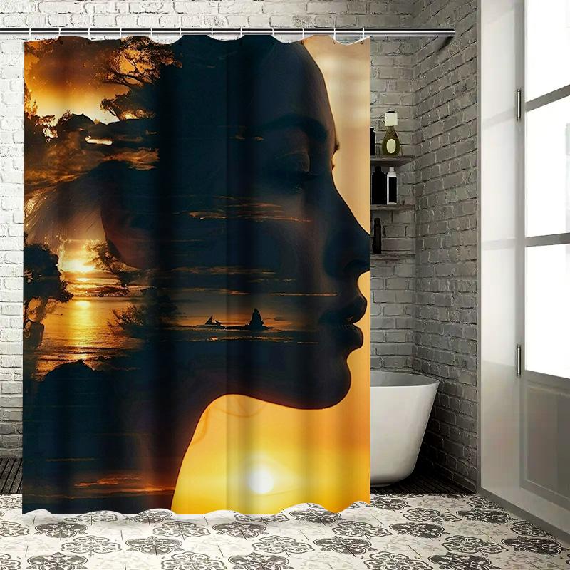 Surreal Face with Sunset Landscape Shower Curtain - Waterproof, Mildew-Resistant, Machine Washable Artistic Bathroom Decor