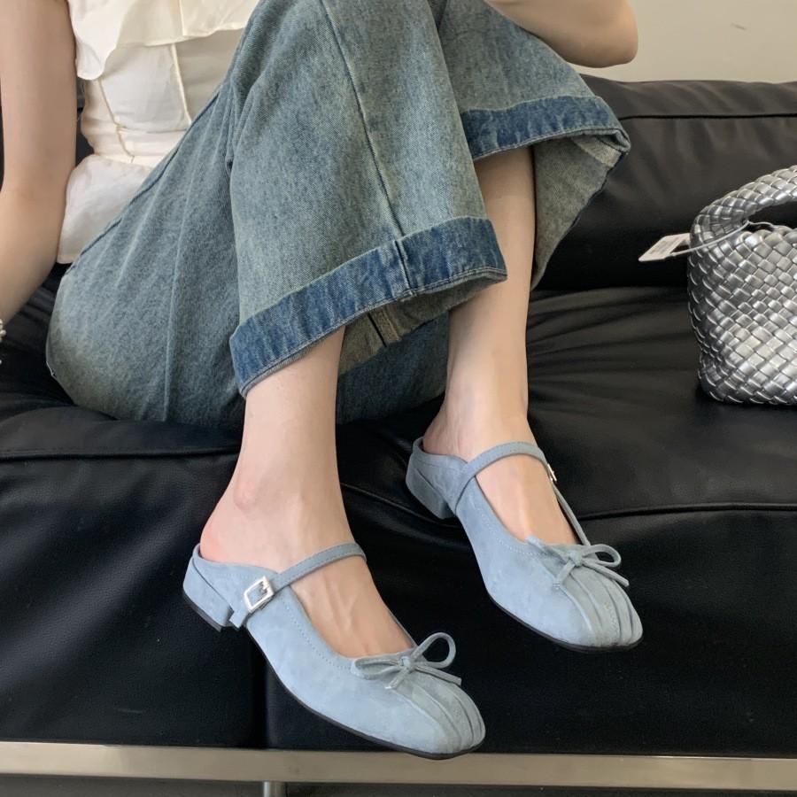 2025 Summer New Suede Bright Pleated Bow Square Head Soft Bottom Thick Heel Bag Head Slippers