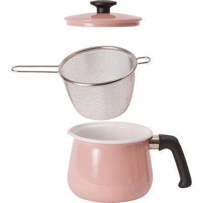 [ Exclusive] Wahei Freiz Enamel Multi-Pot Ash Pink Frying/Boiling with Colander IH Compatible Gas Cook Deli AMB-3021