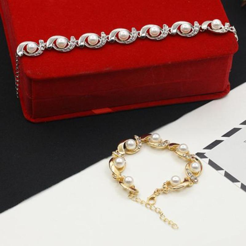 Women Faux Pearl Rhinestone Inlaid Charm Bracelet Bangle Adjustable Jewelry Gift