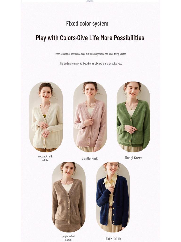 Women's Cashmere V-neck Cardigan: Autumn/Winter, Slimming, Knitted, Raglan Sleeve, Versatile Sweater.