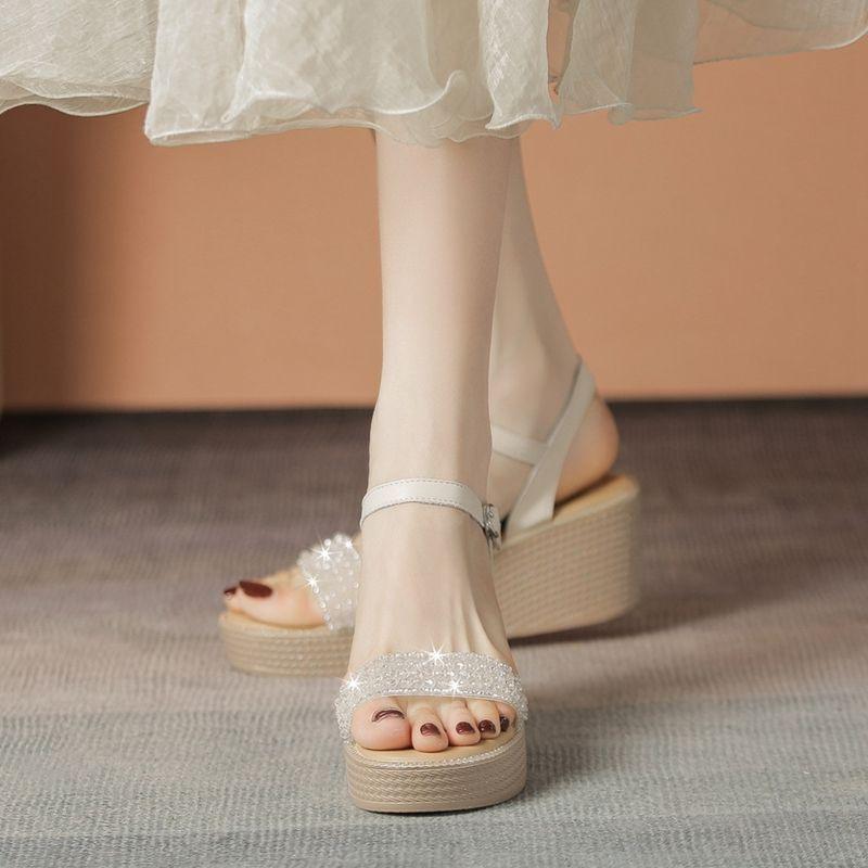 Wedge Heel Sandals Women's 2025 New Summer One-word Sandals Wear Thick-soled Rhinestones with Skirts Beach High Heels
