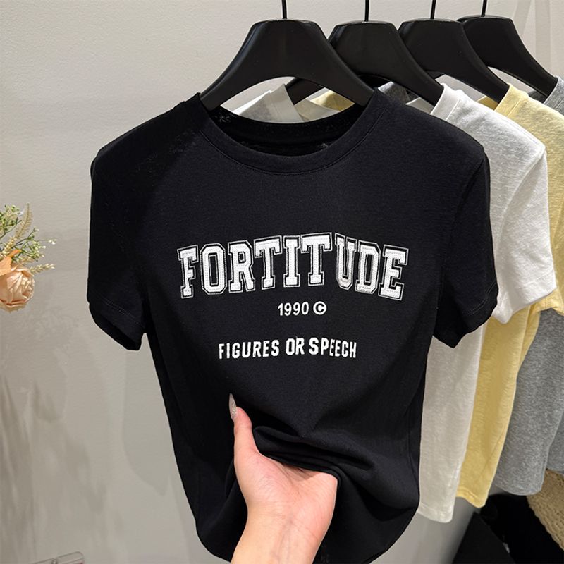 

2025 Spring Summer New Casual Letters Print Elegant Versatile Slimming Short sleeve T-shirt Women Loose Age Reducing Top Black XL