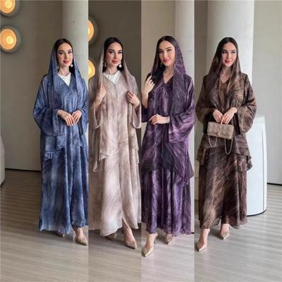 Women's Muslim Abaya With Print, Loose Kimono Style Open Cardigan With Headscarf, Long Maxi Dress For Ramadan