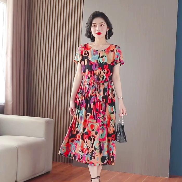 Mid-Length Floral Print Short-Sleeve Dress with Drawstring and Pockets for Mature Women
