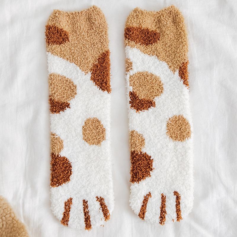 Coral Fleece Cat Paw Socks, Women's Mid-calf Sleeping Socks, Postpartum Floor Thick and Warm Socks for Autumn and Winter