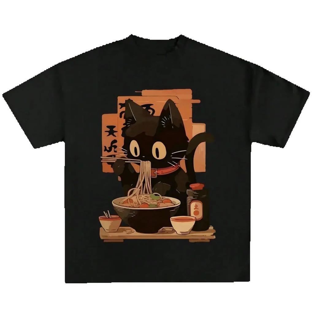 Cat Ramen Noodle Japanese Cat Eating Vintage Men's T-shirts Cotton Casual Printed T-Shirt O Neck Short Sleeve Unisex