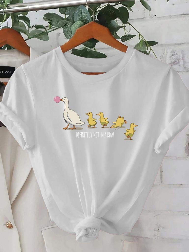Ladies' Cute Duck Arrangement Printed Pattern T-shirt Casual Round Neck Short Sleeve Top Casual Summer Women's Clothing