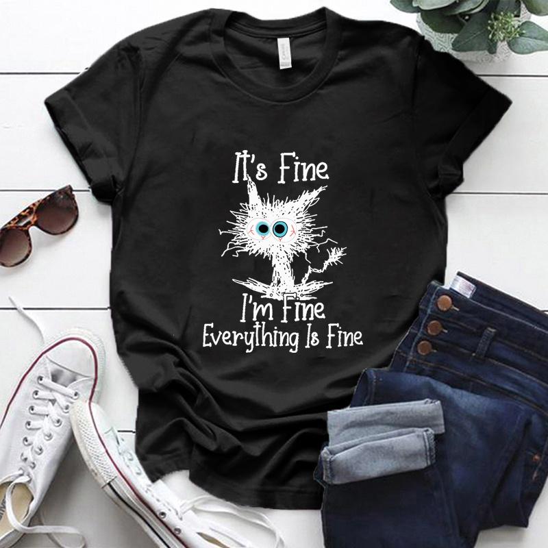 Fine Everything Is Fine Funny Cat Print T-Shirt Men's and Women's Casual Top Funny Cat Summer Loose Short Sleeve Shirt